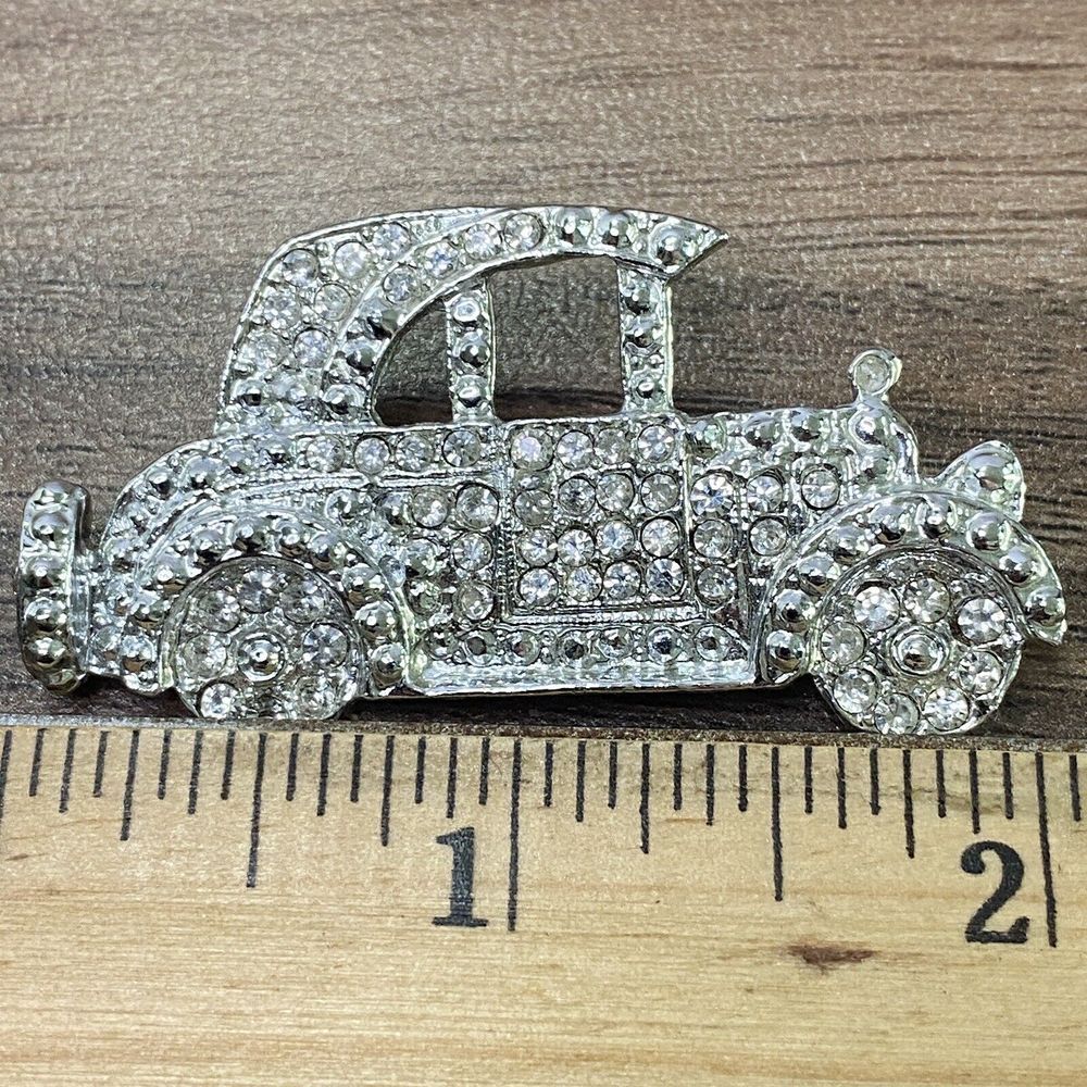 Antique Classic 1900s Model T‎ Car Silver Rhinestone Brooch Pin "C" Clasp Bling - Picture 5 of 6